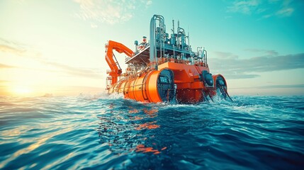 Poster - Robot Offshore Dredging Operation, optimizing deepwater shipping routes, minimalist backdrop, uncluttered environment, emphasis on technological advancement and efficiency