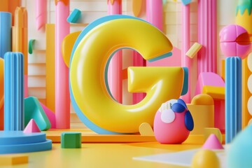 Aufkleber - Colorful and playful artistic arrangement featuring a large yellow letter G and a small pink character in an abstract setting