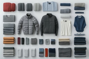 Poster - Organized array of folded clothing and outerwear displayed on a neutral background for seasonal styling inspiration