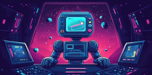 A robot looks at a screen showing a digital credit card