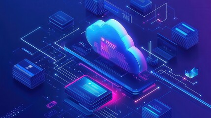 Poster - A vibrant digital representation of cloud computing, featuring interconnected data servers and a glowing cloud icon against a dark background.
