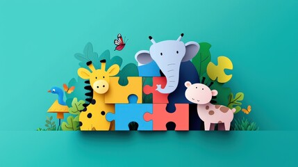 Poster - A playful design of animals assembling a giant puzzle in a forest