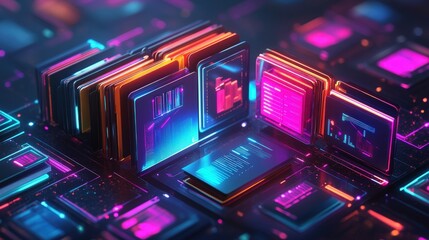 Poster - A vibrant, futuristic digital landscape featuring glowing circuits and processors in a colorful array of blue and pink hues.