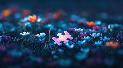Poster - A puzzle piece glowing in the center of a vibrant flower field