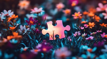 Poster - A puzzle piece glowing in the center of a vibrant flower field