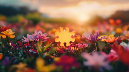 Poster - A puzzle piece glowing in the center of a vibrant flower field