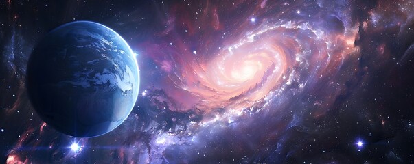 Wall Mural - a planet is in the foreground of a spiral galaxy