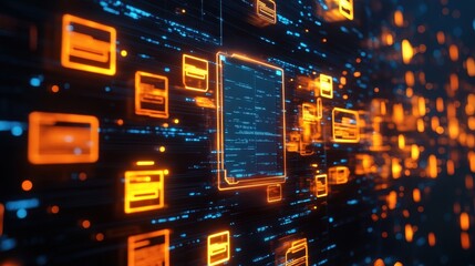 Poster - A vibrant, digital network featuring glowing orange and blue data elements, representing technology and data flow in a futuristic setting.
