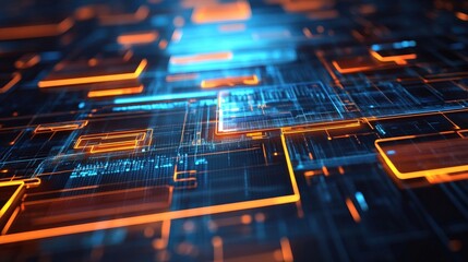 Fototapete - A vibrant, abstract digital pattern featuring glowing orange and blue lines, representing technology and modern data flow.