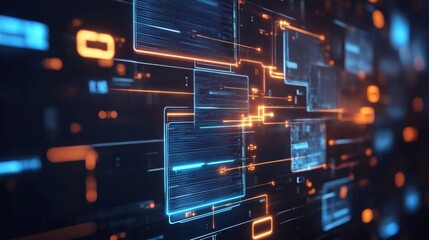 Poster - A vibrant digital network of interconnected data blocks, showcasing a blend of blue and orange colors on a dark background.