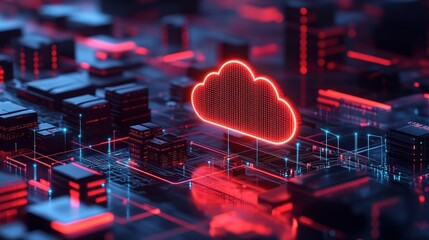Poster - A digital cityscape illuminated in red and blue, featuring a prominent glowing cloud symbol, representing cloud computing technology.