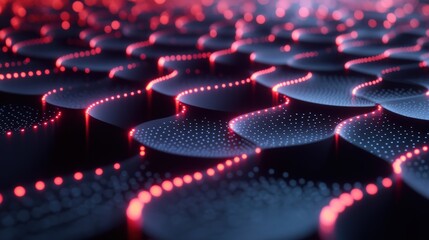 Poster - A vibrant, abstract close-up of a textured surface featuring glowing red dots against a dark background, creating a dynamic visual effect.