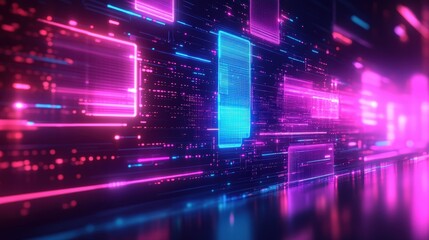Fototapete - A vibrant digital scene featuring glowing rectangles in pink and blue hues, creating a futuristic and dynamic atmosphere.