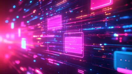 Fototapete - A vibrant abstract digital background featuring glowing lines and rectangular shapes in pink and blue hues, suggesting a technological theme.