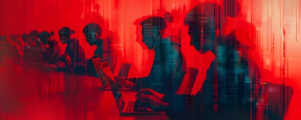 A group of people are sitting at a table with laptops