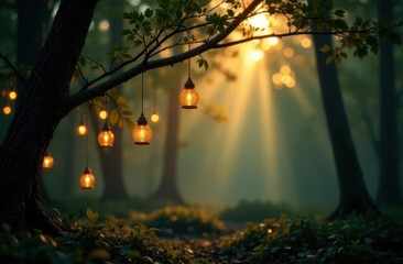 Aufkleber - Magical forest with glowing lanterns surrounded by sunlit trees