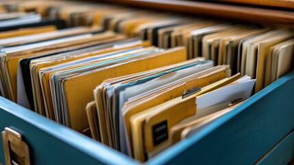 Poster - A close-up view of a drawer filled with neatly organized yellowed folders, showcasing a sense of order and archival storage.