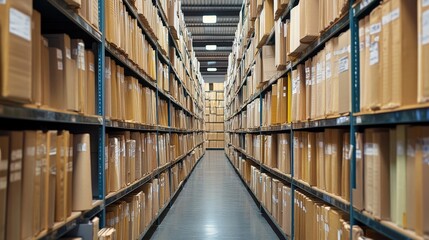 Poster - A wide aisle lined with tall shelves filled with neatly stacked cardboard boxes in a warehouse.