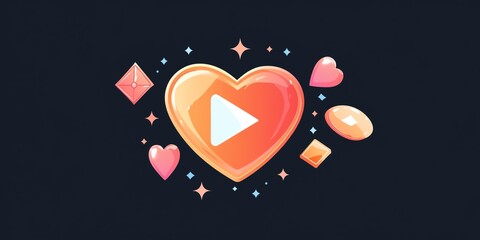 Poster - Colorful Hearts and Gemstones Forming a Playful Design Around a Play Button on a Dark Background