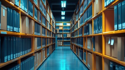 Poster - A long aisle lined with shelves of organized files and documents, illuminated by overhead lights in a modern archive or library setting.