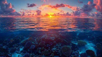 Wall Mural - glowing sunset casting long shadows over vibrant coral reefs beneath crystal clear ocean waters