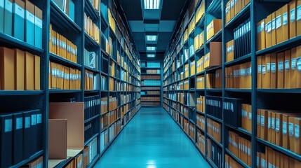 Poster - A long hallway lined with shelves filled with neatly organized folders and files, illuminated by overhead lights, creating a calm and orderly atmosphere.