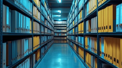 Poster - A well-organized archive with rows of colorful files and folders on shelves under cool blue lighting.