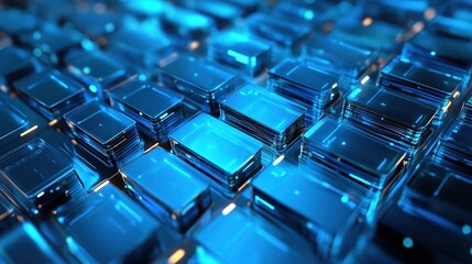 Poster - A close-up view of shimmering blue glass blocks, creating a dynamic and modern abstract pattern.