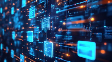Fototapete - A vibrant digital landscape featuring blue and orange data streams, representing technology and connectivity.