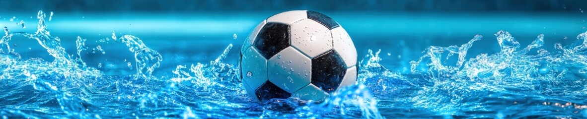 Poster - A soccer ball surrounded by glowing energy waves in the water