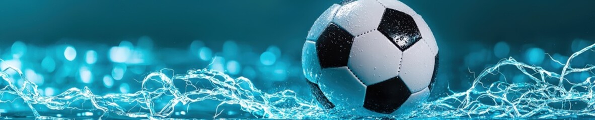 Poster - A soccer ball surrounded by glowing energy waves in the water