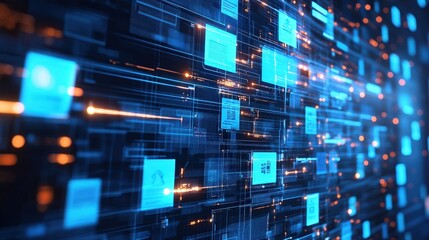 Poster - An abstract digital network with glowing blue nodes and lines, symbolizing technology, data flow, and connectivity in a futuristic setting.
