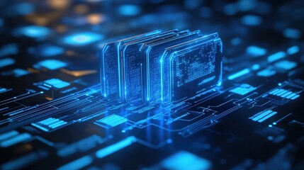Poster - A digital representation of interconnected circuits with glowing blue elements, showcasing advanced technology and data storage.