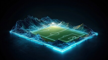 Poster - A soccer field carved into a mountain range, illuminated by glowing lines