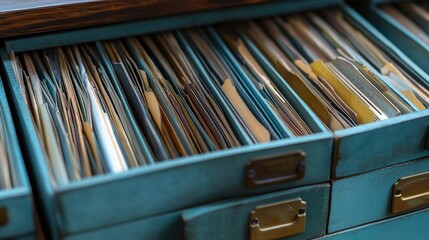Poster - A close-up of a vintage filing cabinet with neatly organized files in a serene blue color.