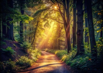 Wall Mural - Vintage tones paint a moody forest path, shadows dancing, serene escape.