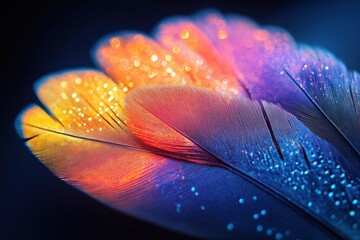 Poster - Colorful feathers with sparkling water droplets creating a dreamlike atmosphere