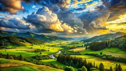 Wall Mural - Watercolor cloudscape: a scenic masterpiece, composed using the rule of thirds.
