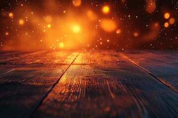 Poster - Empty wooden table illuminating under golden bokeh lights background