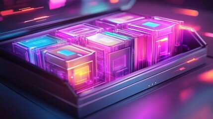 Poster - A futuristic design featuring glowing cubes in vibrant colors, presented within a sleek, modern container.