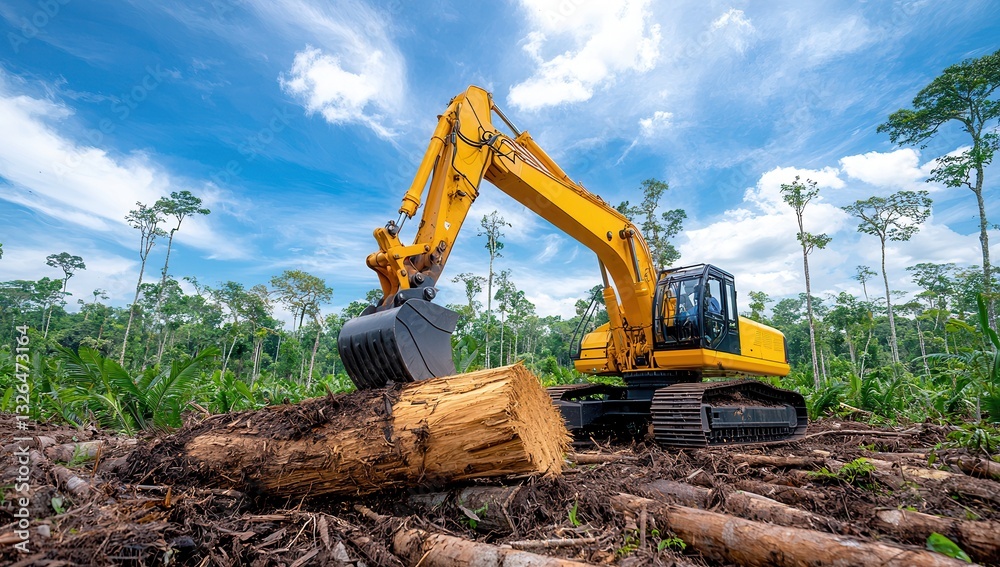 Excavator clearing trees in a forest, heavy machinery logging timber ...