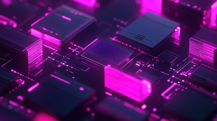 Poster - A vibrant, abstract close-up of electronic circuits, featuring glowing pink elements against a dark background, showcasing modern technology.