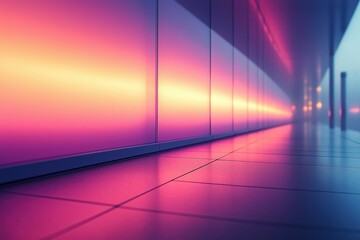 Poster - empty corridor with pink and orange lights reflecting on the floor