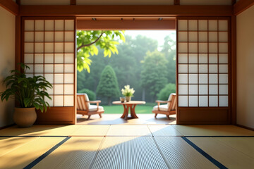 Poster - A serene interior view showcasing sliding doors leading to a peaceful garden, with wooden furnishings and natural light streaming in.