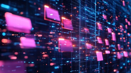 Poster - A vibrant digital landscape featuring floating geometric shapes in pink and blue, symbolizing data flow and technology.