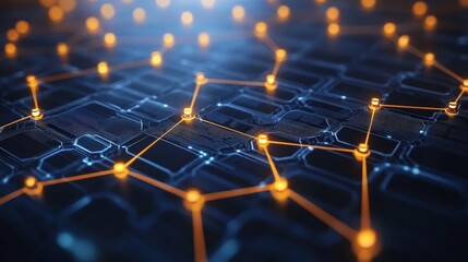Poster - A digital network visualization with glowing connections on a dark background, representing technology and data interconnectivity.