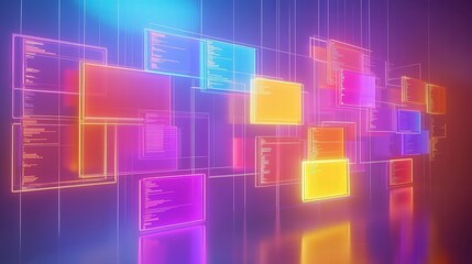 Fototapete - A vibrant digital display featuring colorful, illuminated panels, showcasing a futuristic aesthetic with a focus on technology and innovation.