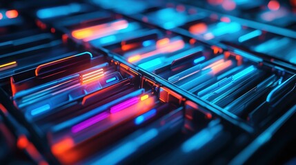 Poster - A vibrant, close-up view of illuminated panels displaying blue and orange lights, showcasing a modern, technological aesthetic.
