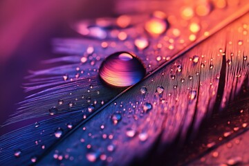 Poster - Colorful water droplets resting on a vibrant feather