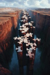 Poster - A surreal painting of puzzle pieces forming a pathway over a canyon